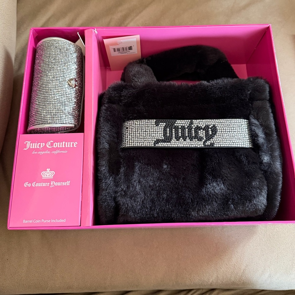 Juicy Couture Black Faux Fur Handbag with Crystal 'Juicy' Accent and Coin Purse